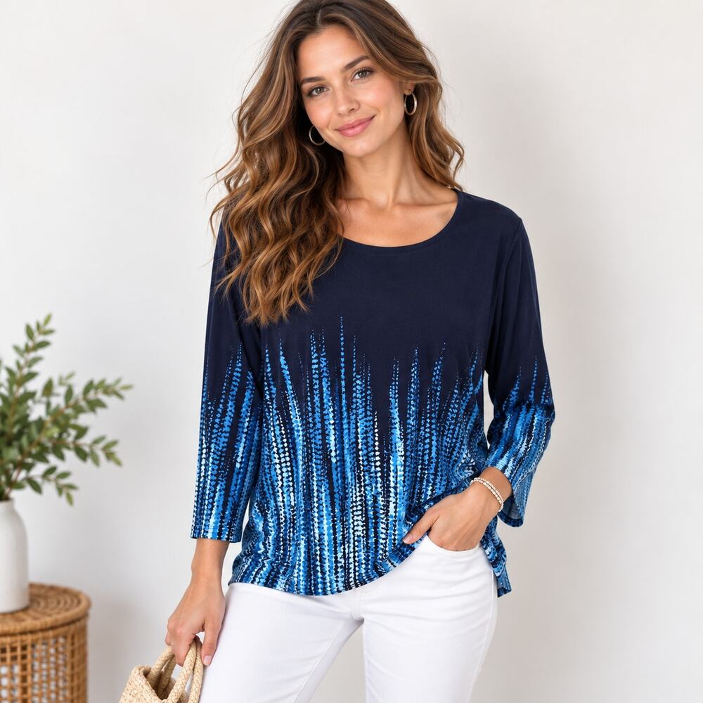 Susan Graver Liquid Knit Blouse Women's Size XL Blue Casual Office Boho-chic